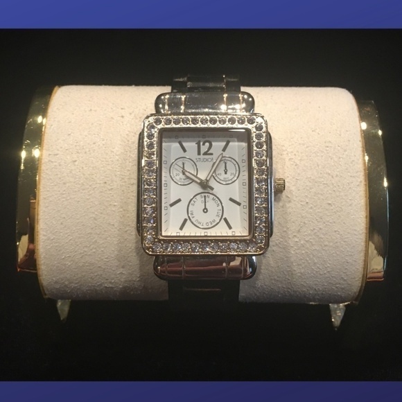 Studio Goldtone “Presidential” Link/Crystal Spring-Hinged CUFF Watch, NWOT - Picture 1 of 5
